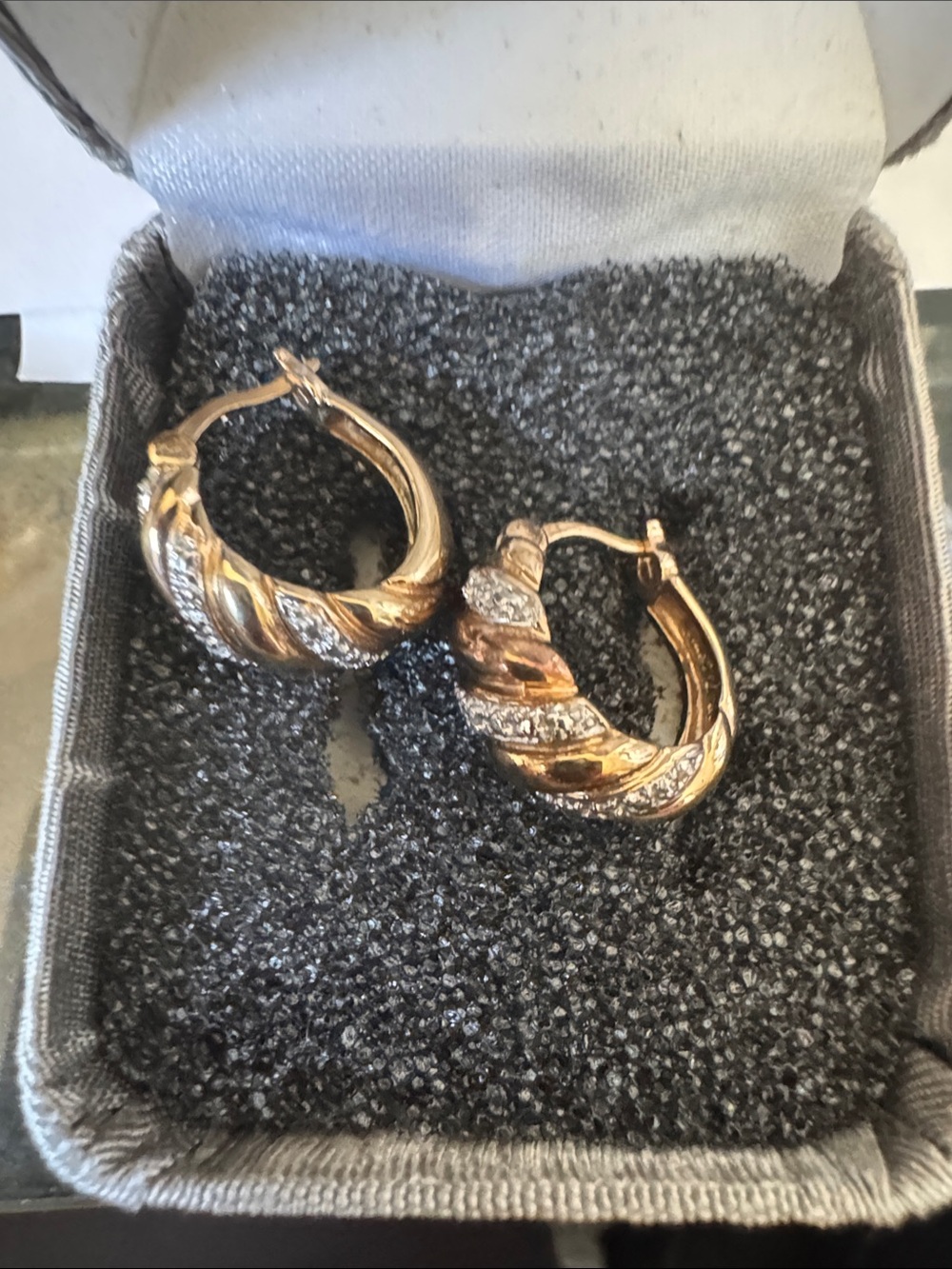 Twisted Hoop earrings 18 KT gold plated sterling silver/Crystals, 0.75” long